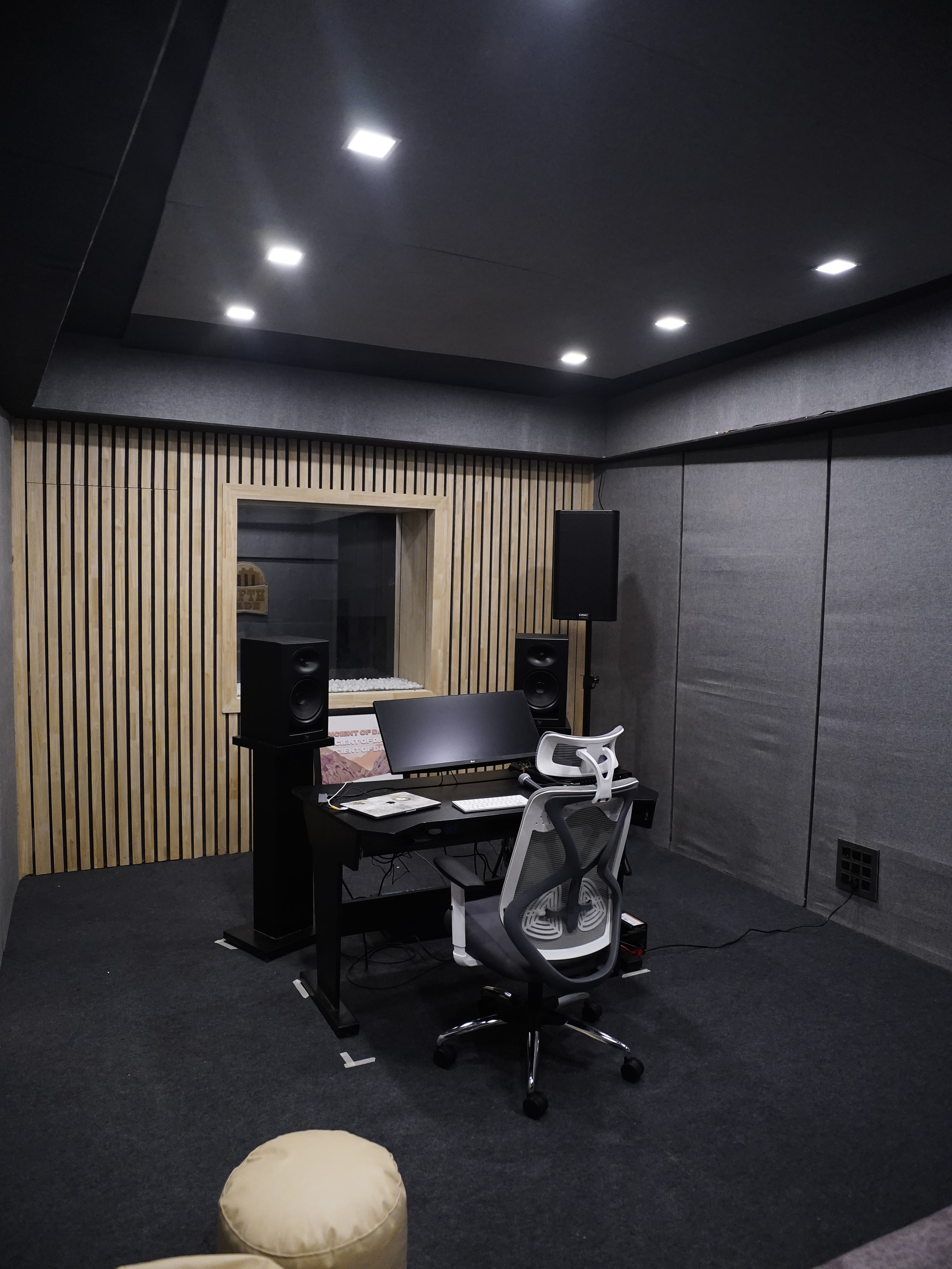 Wide view of control room and acoustic treatment