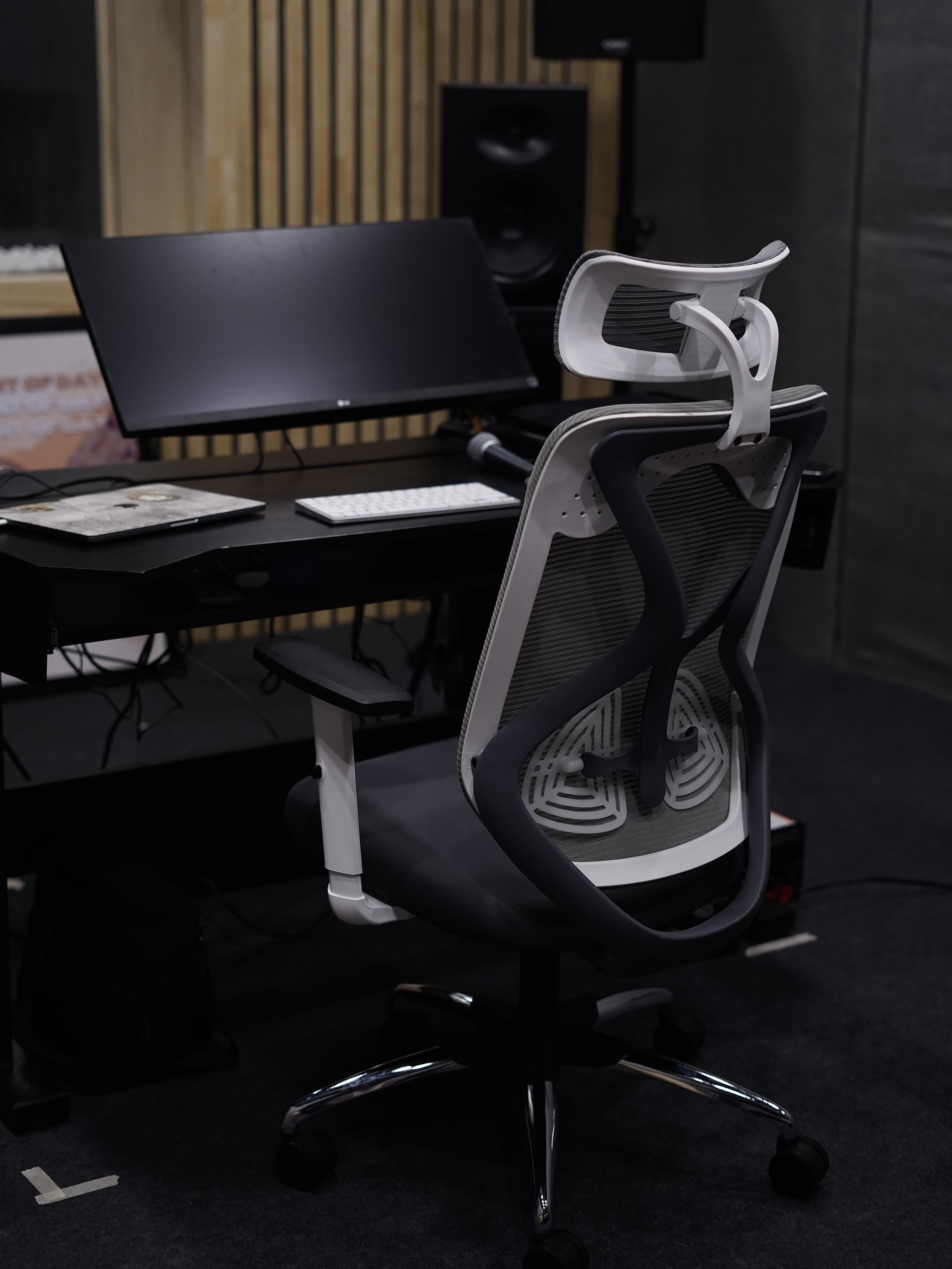 Close view of workstation and studio monitors
